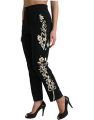 Dolce & Gabbana Black Floral Applique High Waist Tapered Pants -   -  Dolce & Gabbana.