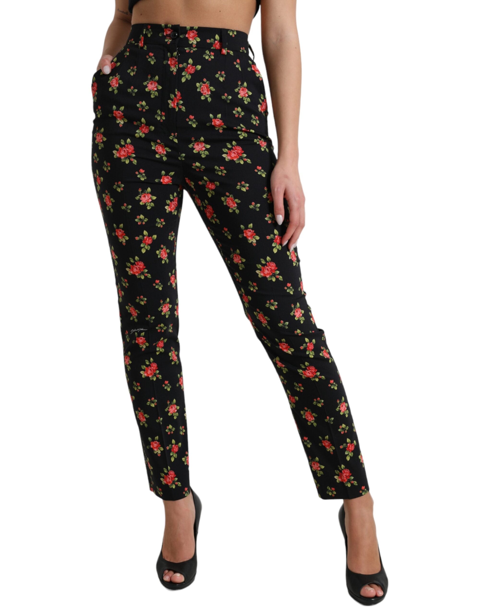 Dolce & Gabbana Black Floral Wool High Waist Tapered Pants -   -  Dolce & Gabbana.