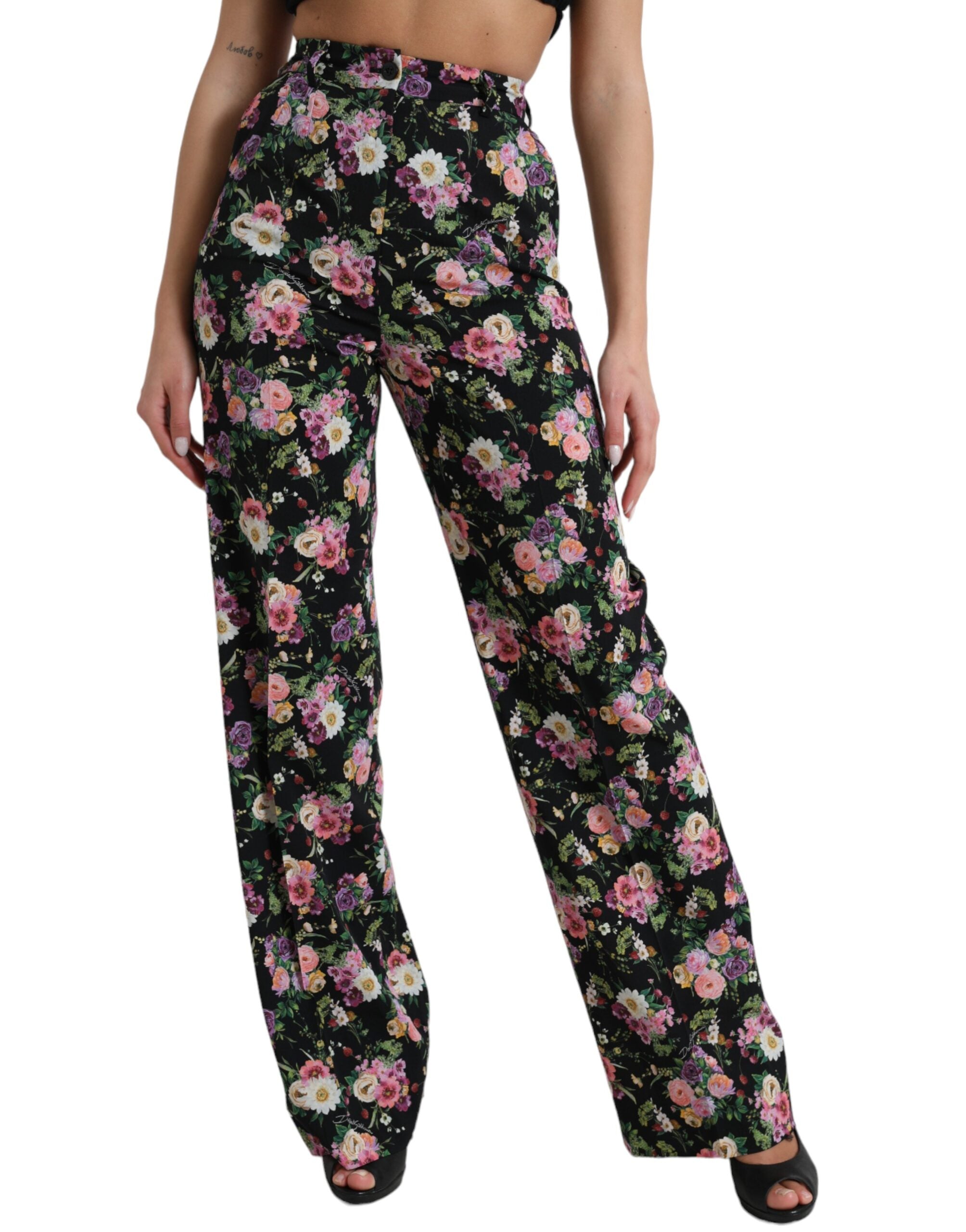 Dolce & Gabbana Black Floral Wool High Waist Wide Leg Pants -   -  Dolce & Gabbana.