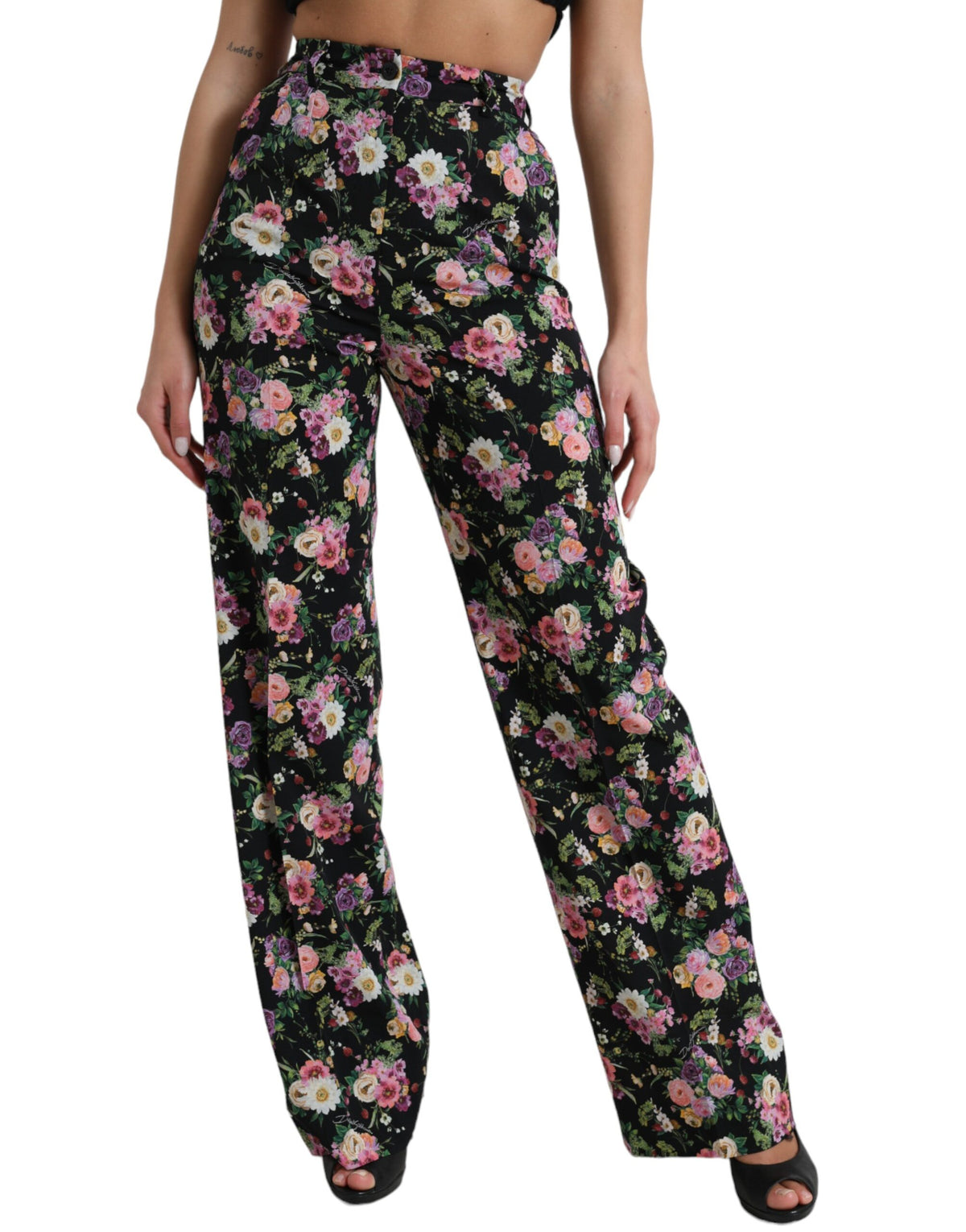 Dolce & Gabbana Black Floral Wool High Waist Wide Leg Pants -   -  Dolce & Gabbana.