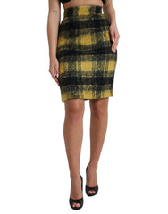 Dolce & Gabbana Yellow Black Brushed Checked Wool Pencil Cut Skirt -   -  Dolce & Gabbana.
