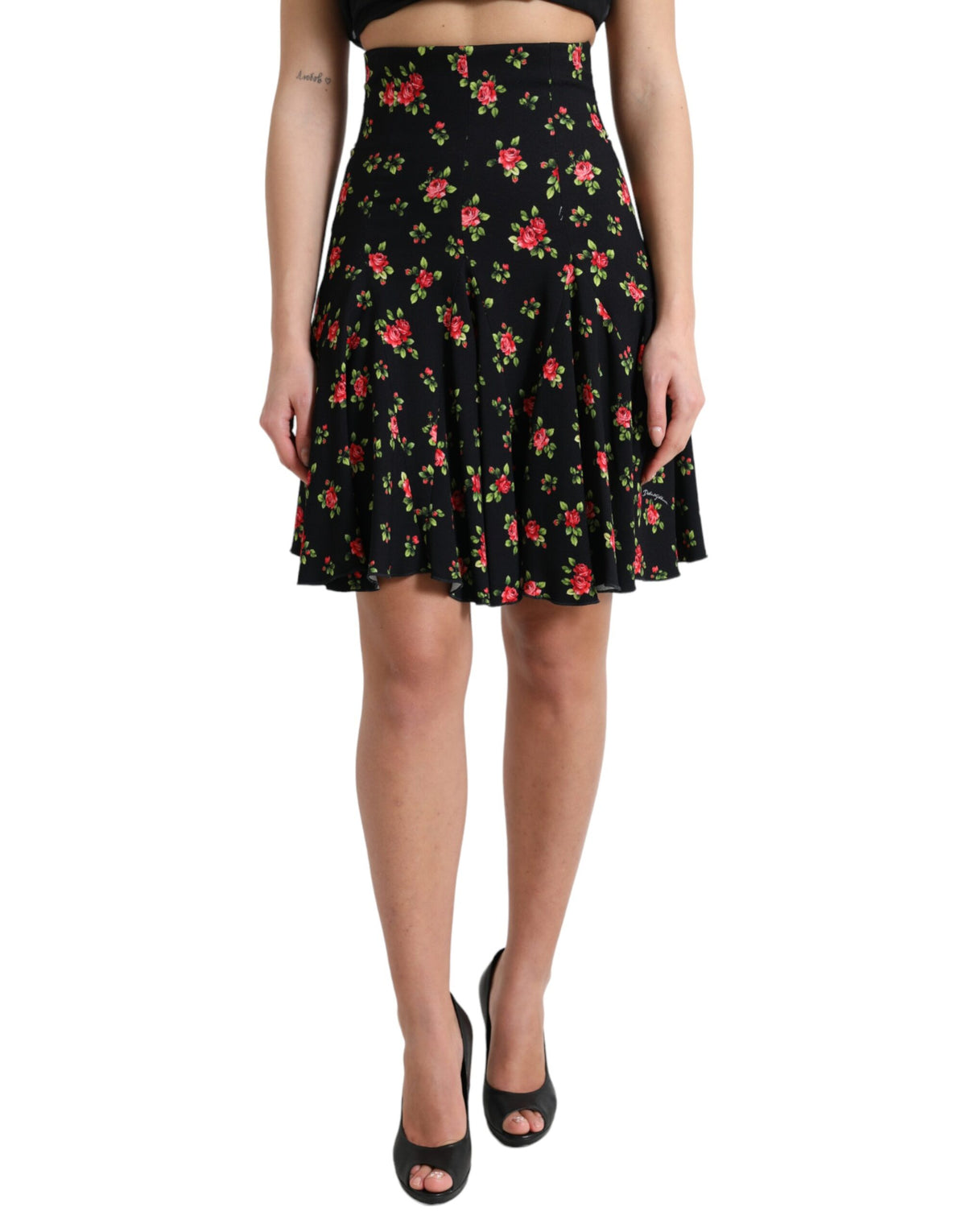 Dolce & Gabbana Black Rose Print High Waist A-line Mini Skirt -   -  Dolce & Gabbana.