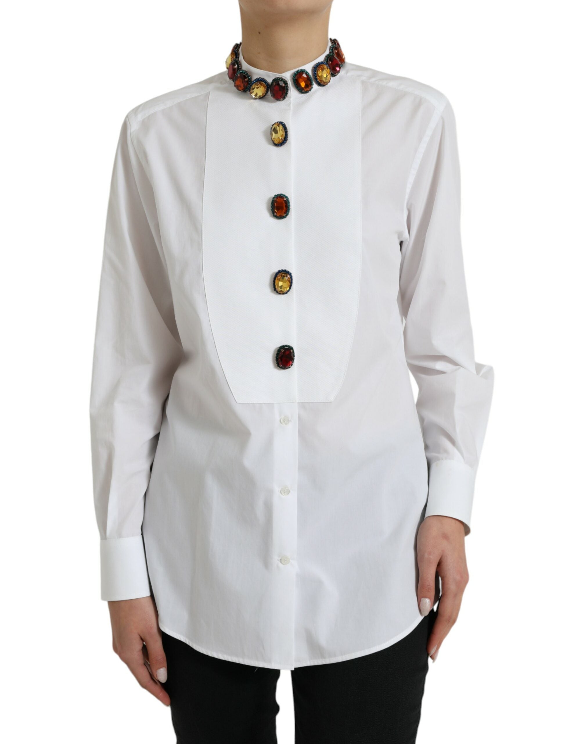 Dolce & Gabbana White Cotton Crystals Embellished Shirt Top -   -  Dolce & Gabbana.
