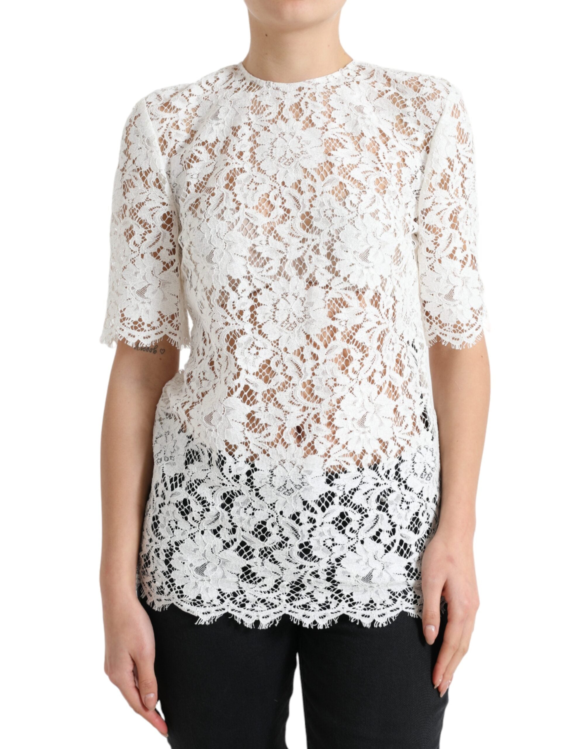 Dolce & Gabbana White Floral Lace Cotton Round Neck Blouse Top -   -  Dolce & Gabbana.