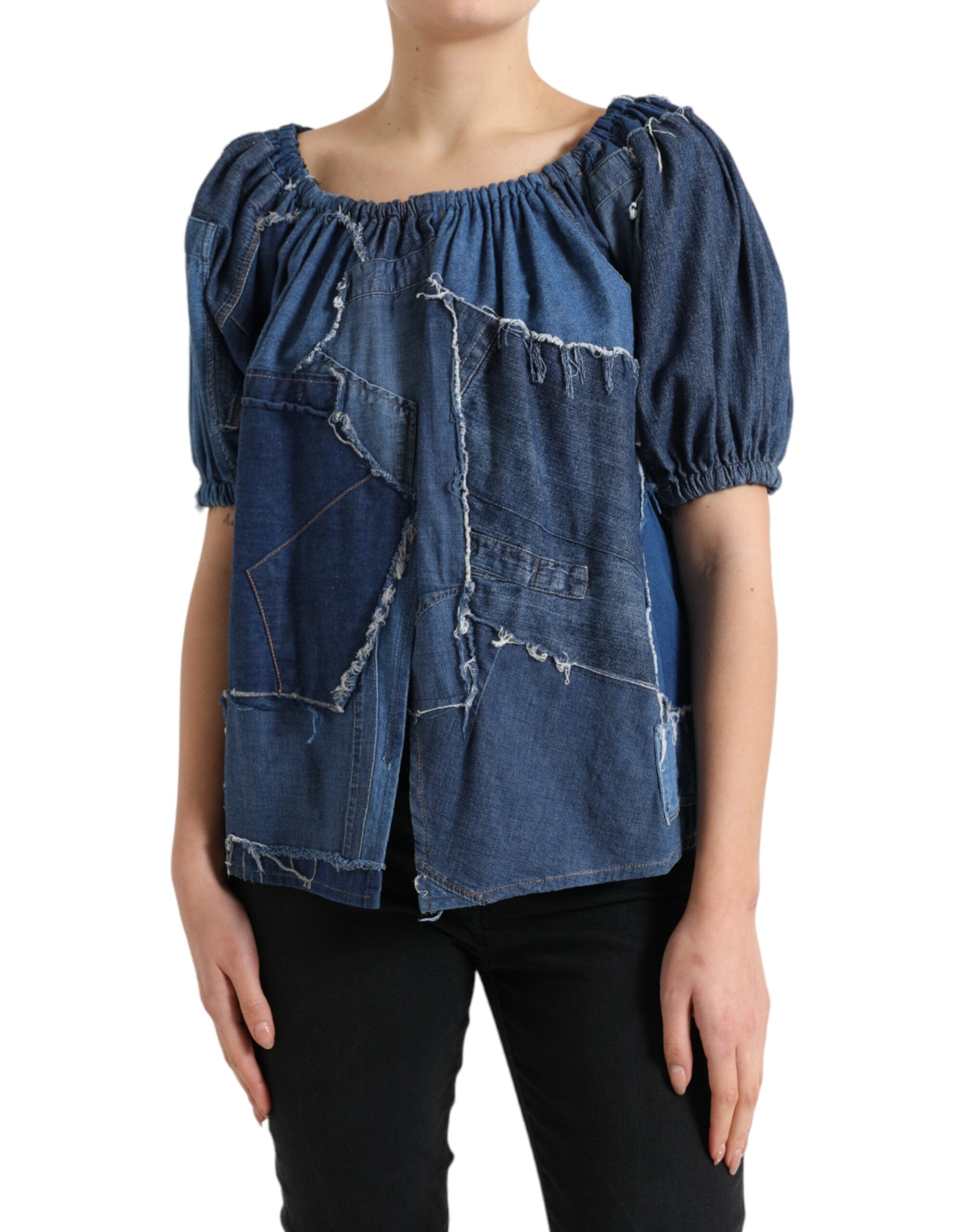 Dolce & Gabbana Blue Patchwork Short Sleeves Denim Blouse Top -   -  Dolce & Gabbana.