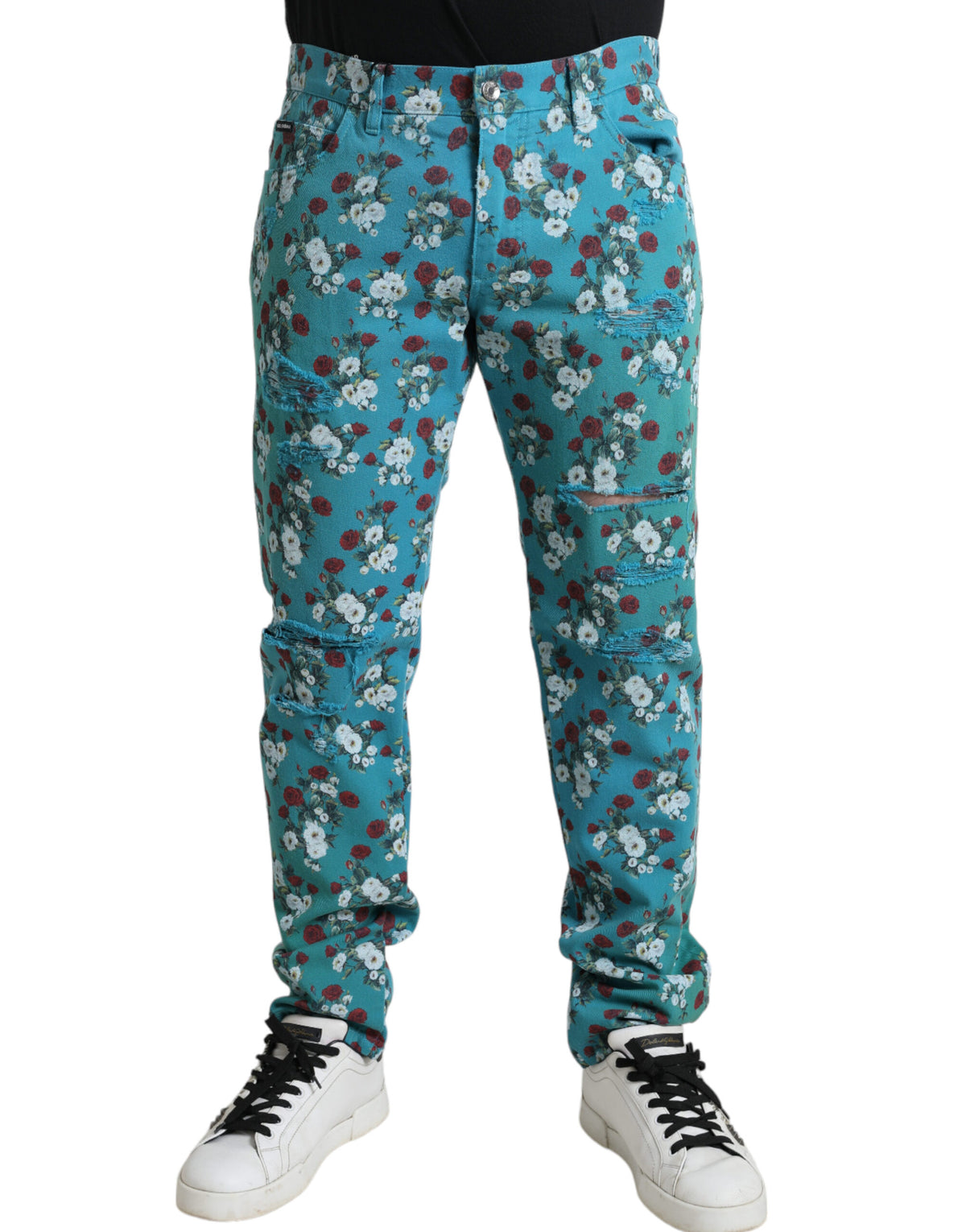 Dolce & Gabbana Blue Floral Print Skinny Cotton Denim Pants -   -  Dolce & Gabbana.