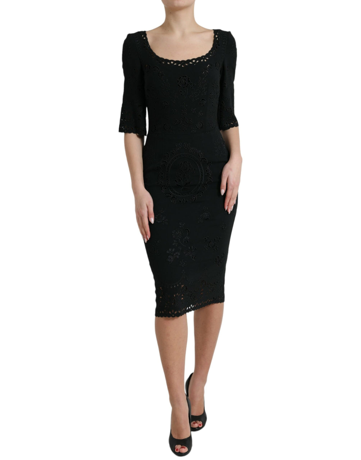 Dolce & Gabbana Black Floral Lace Viscose Bodycon Midi Dress -   -  Dolce & Gabbana.