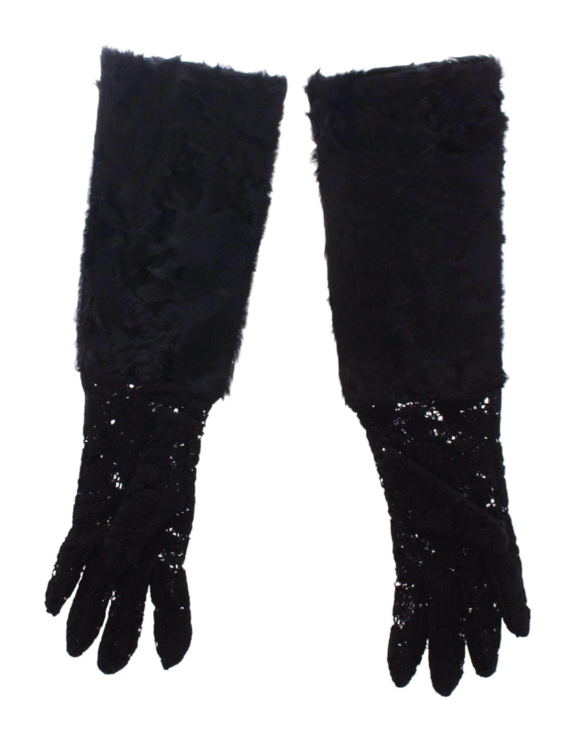 Dolce & Gabbana Black Lace Wool Lambskin Fur Elbow Gloves - - Dolce & Gabbana.