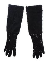 Dolce & Gabbana Black Lace Wool Lambskin Fur Elbow Gloves - - Dolce & Gabbana.