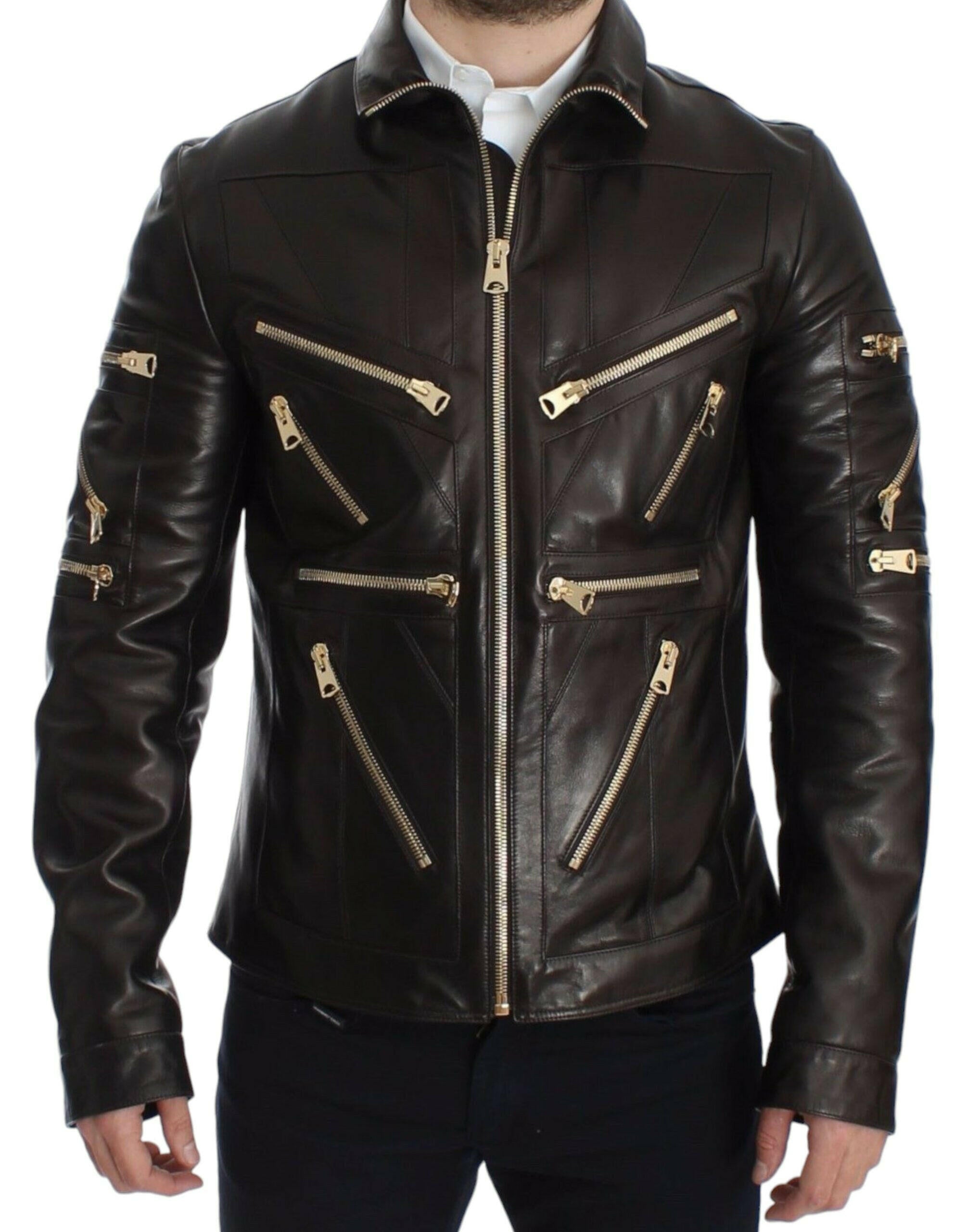 Dolce & Gabbana Brown Lambskin Leather Zipper Jacket -   -  Dolce & Gabbana.