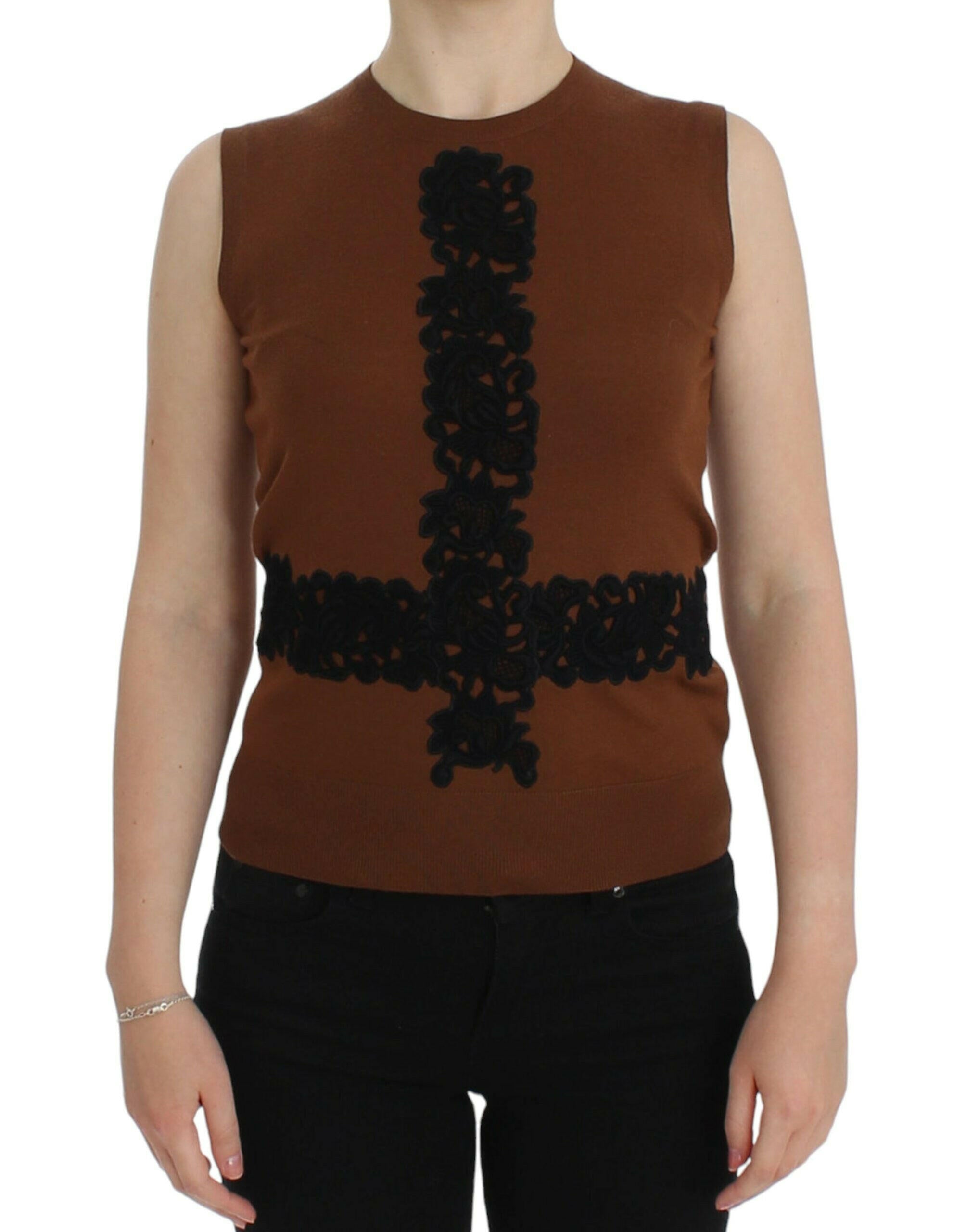 Dolce & Gabbana Brown Wool Black Lace Vest Sweater Top -   -  Dolce & Gabbana.