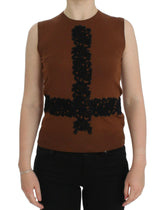 Dolce & Gabbana Brown Wool Black Lace Vest Sweater Top -   -  Dolce & Gabbana.