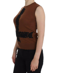 Dolce & Gabbana Brown Wool Black Lace Vest Sweater Top -   -  Dolce & Gabbana.