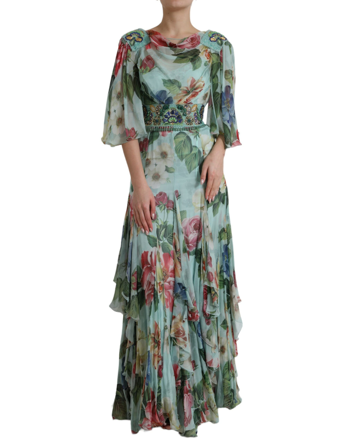 Dolce & Gabbana Blue Floral Print Tiered Long Maxi Dress -   -  Dolce & Gabbana.