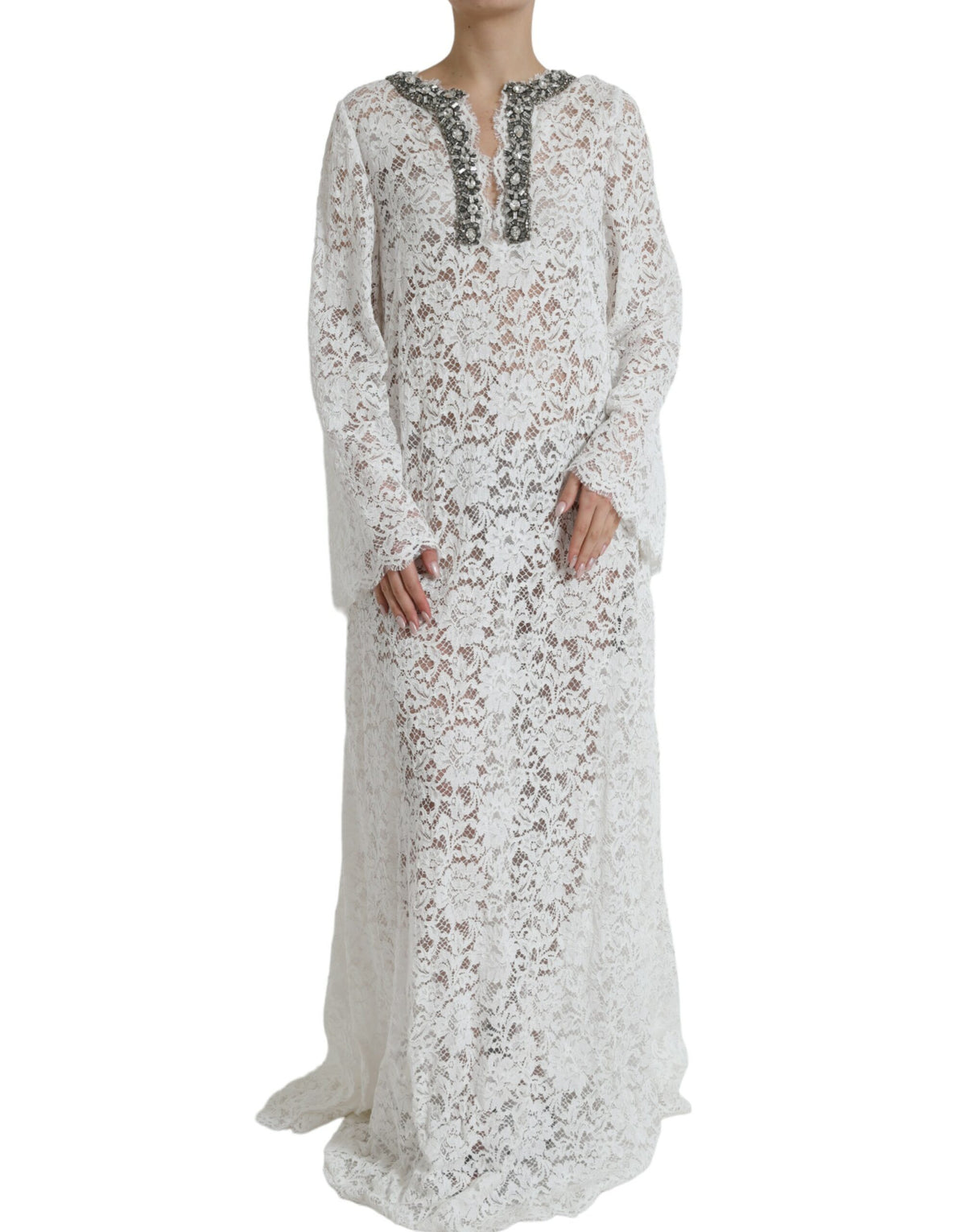 Dolce & Gabbana White Lace Crystal Embellished Shift Dress -   -  Dolce & Gabbana.