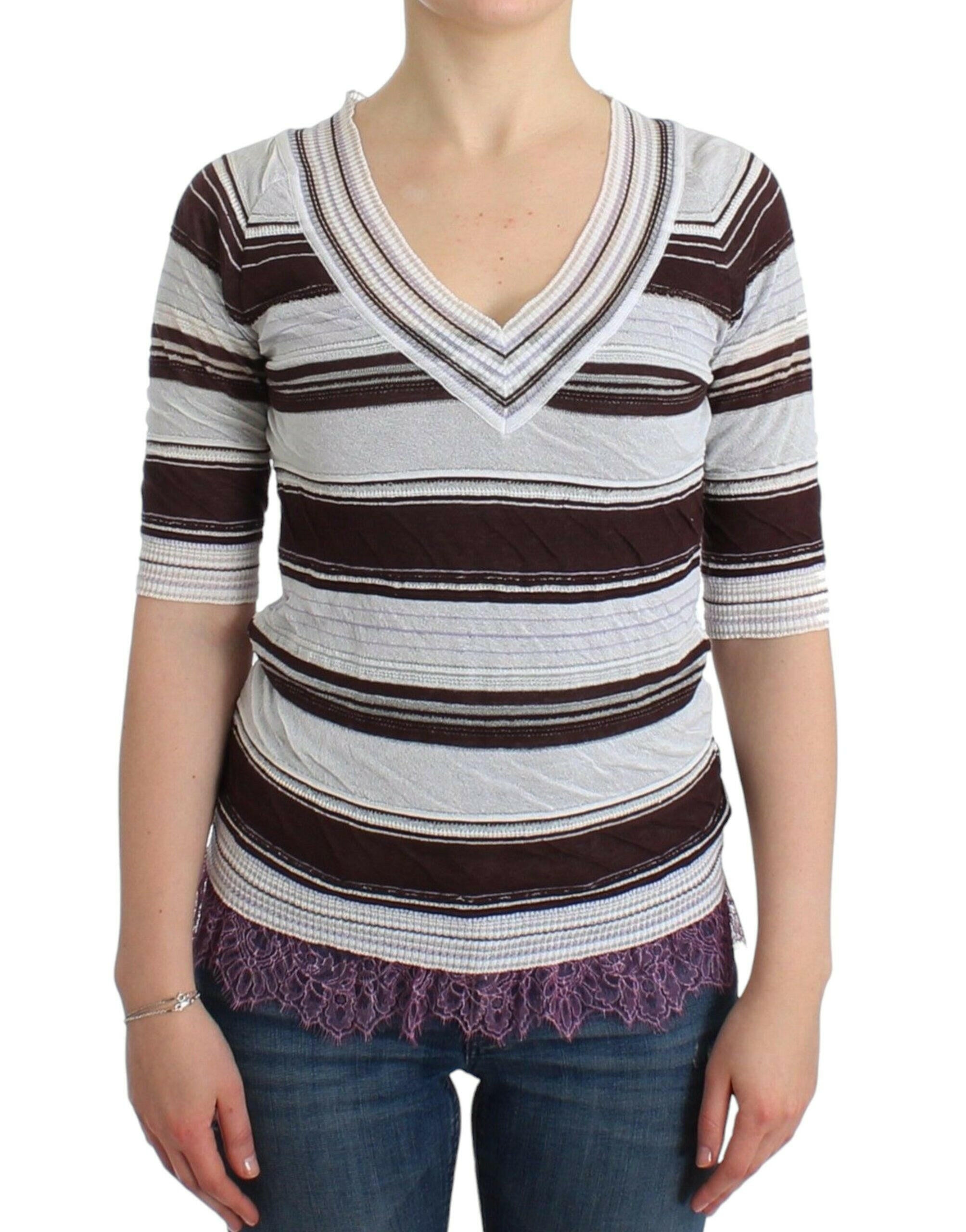Ermanno Scervino Striped Lace V-Neck Short Sleeve Top Sweater - - Ermanno Scervino.