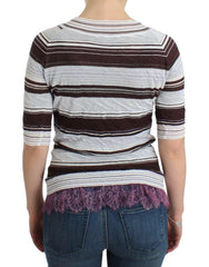 Ermanno Scervino Striped Lace V-Neck Short Sleeve Top Sweater - - Ermanno Scervino.