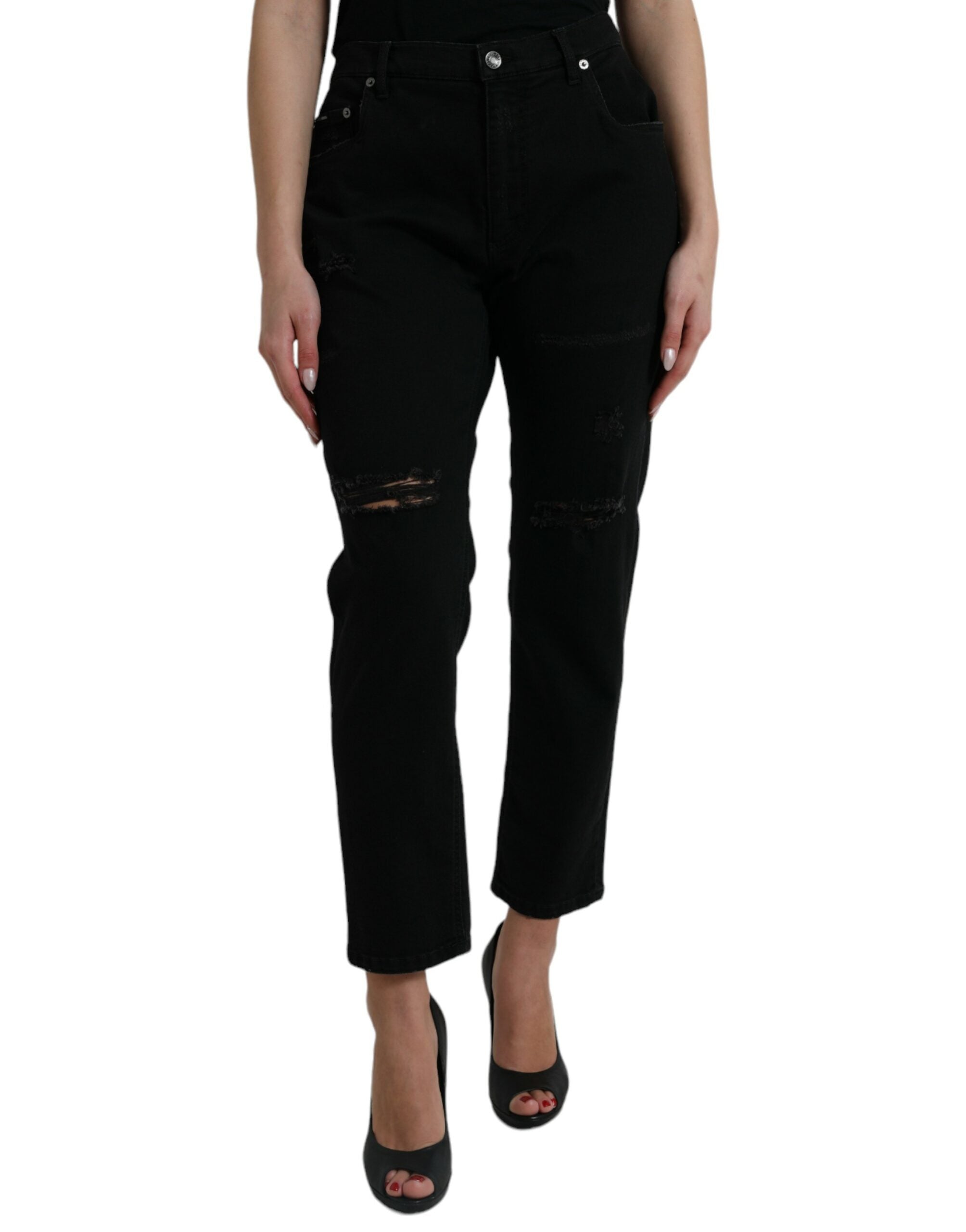 Dolce & Gabbana Black Cotton High Waist Tattered Denim Jeans -   -  Dolce & Gabbana.