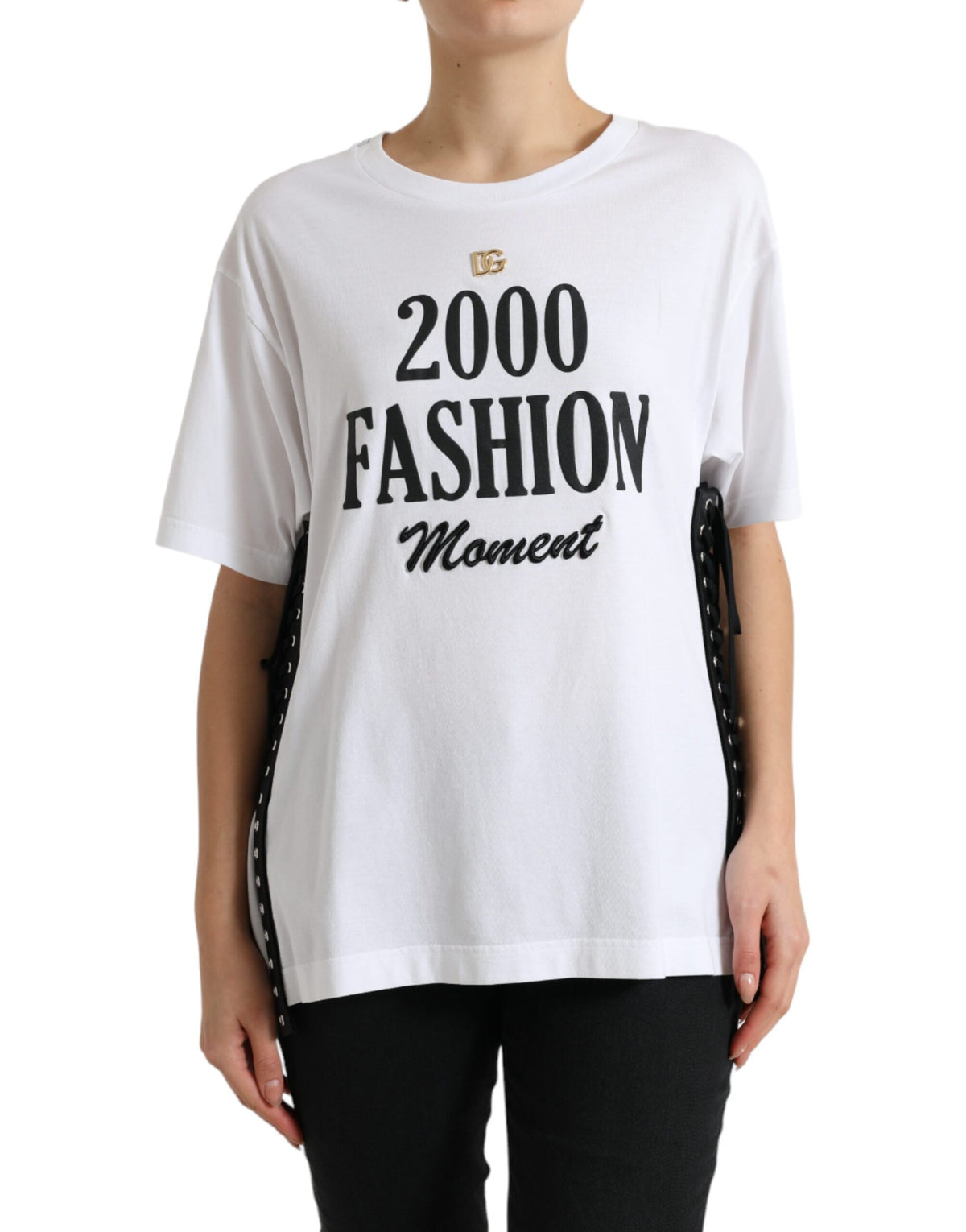 Dolce & Gabbana White Slogan Print Lacing Detailed T-shirt -   -  Dolce & Gabbana.