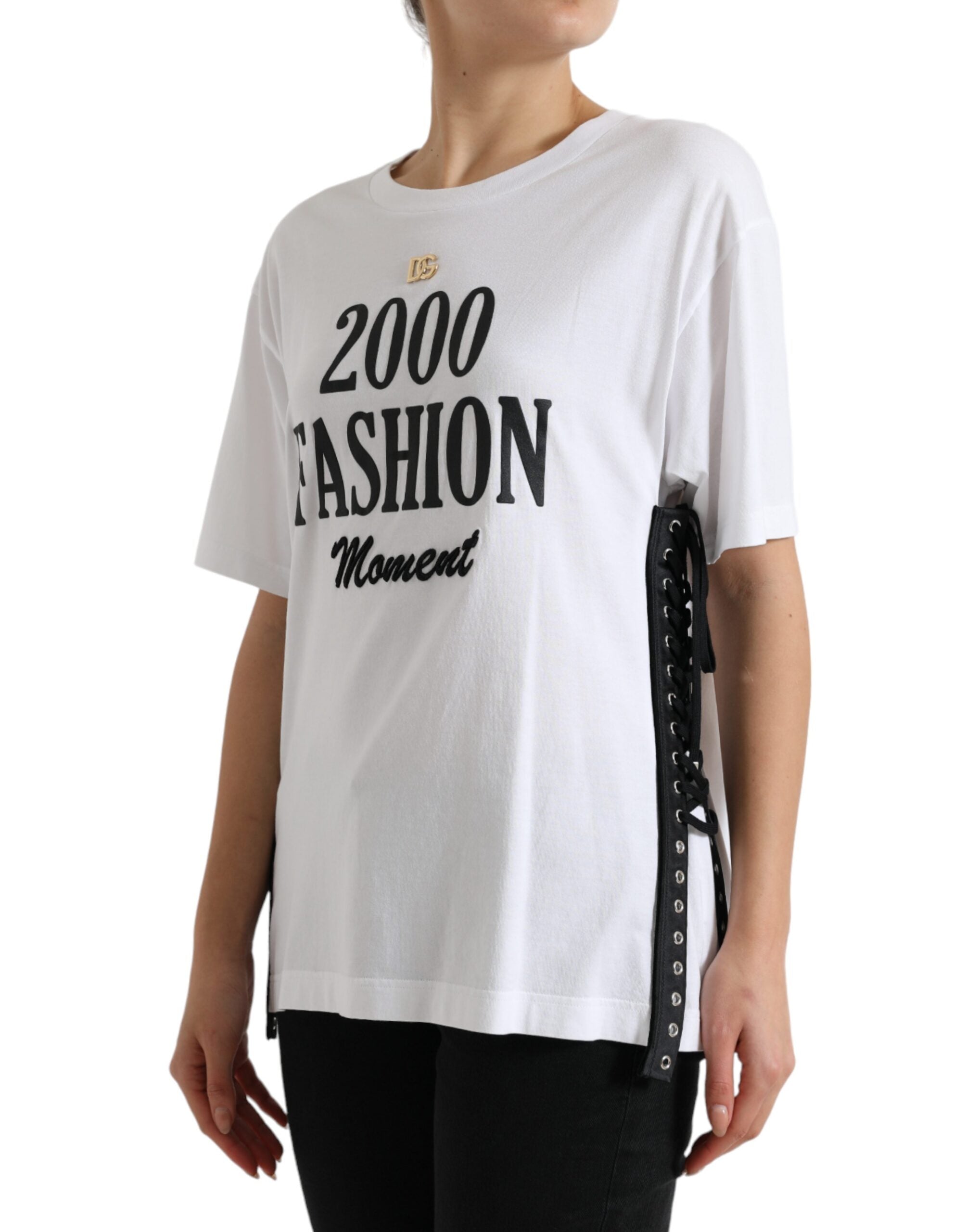 Dolce & Gabbana White Slogan Print Lacing Detailed T-shirt -   -  Dolce & Gabbana. Dolce & Gabbana White Slogan Print Lacing Detailed T-shirt -   -  Dolce & Gabbana.