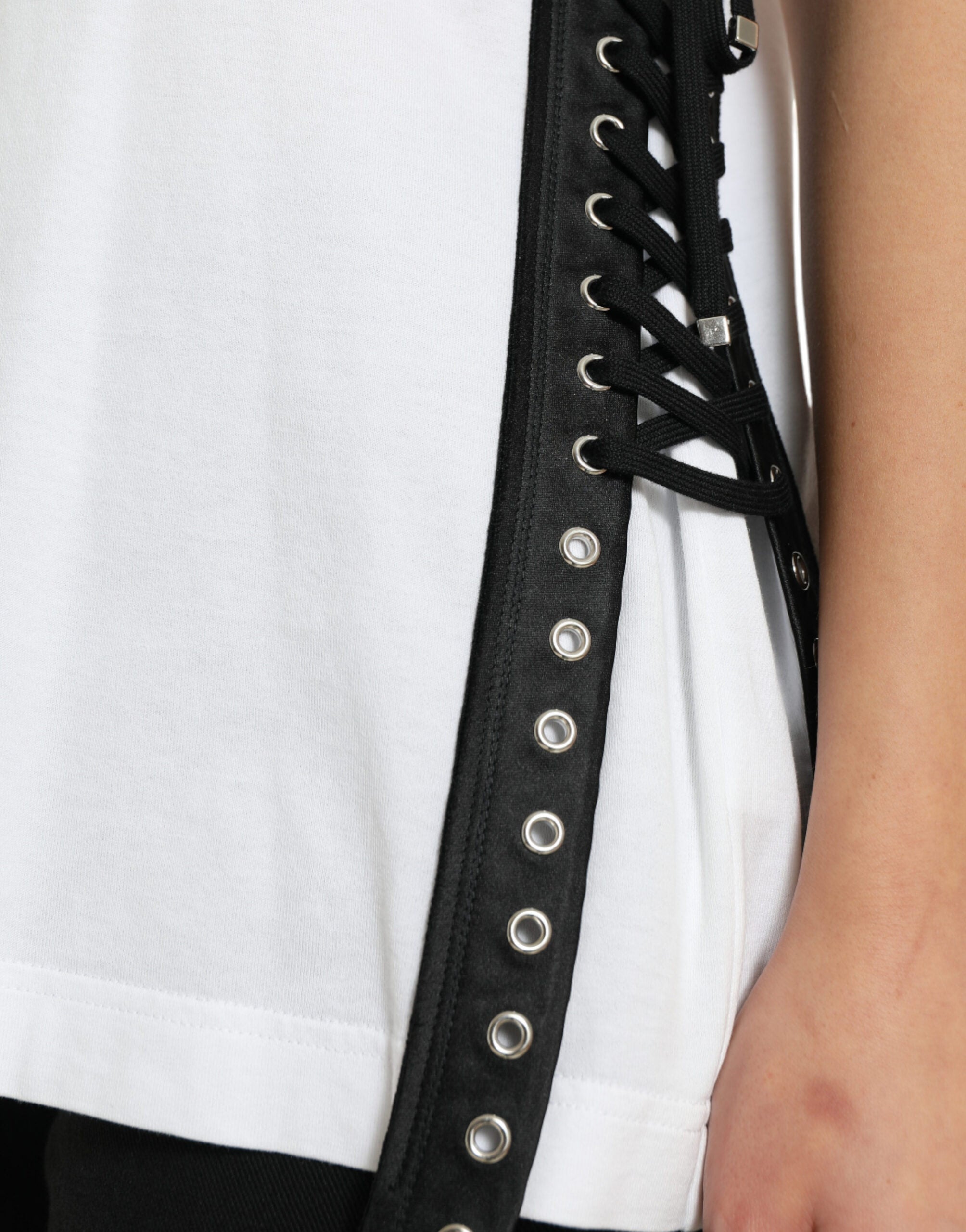 Dolce & Gabbana White Slogan Print Lacing Detailed T-shirt -   -  Dolce & Gabbana. Dolce & Gabbana White Slogan Print Lacing Detailed T-shirt -   -  Dolce & Gabbana.