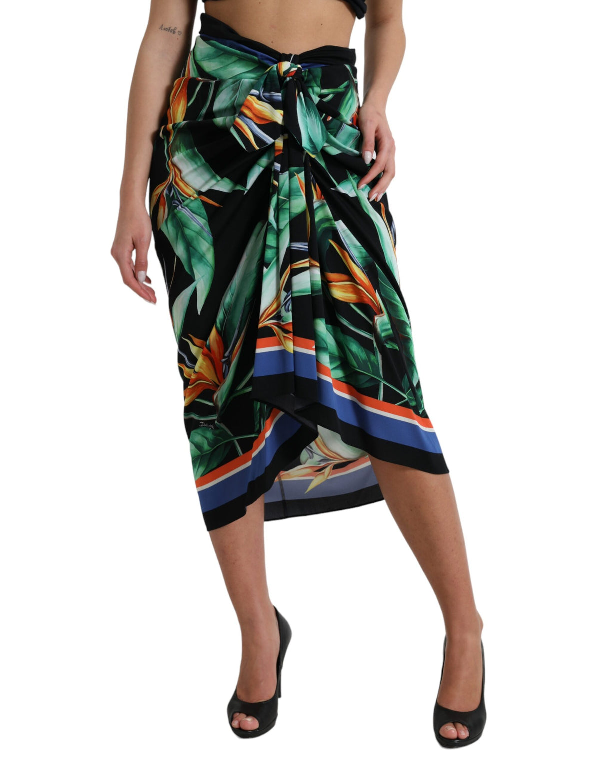 Dolce & Gabbana Black Strelitzia High Waist Wrap Midi Skirt -   -  Dolce & Gabbana.