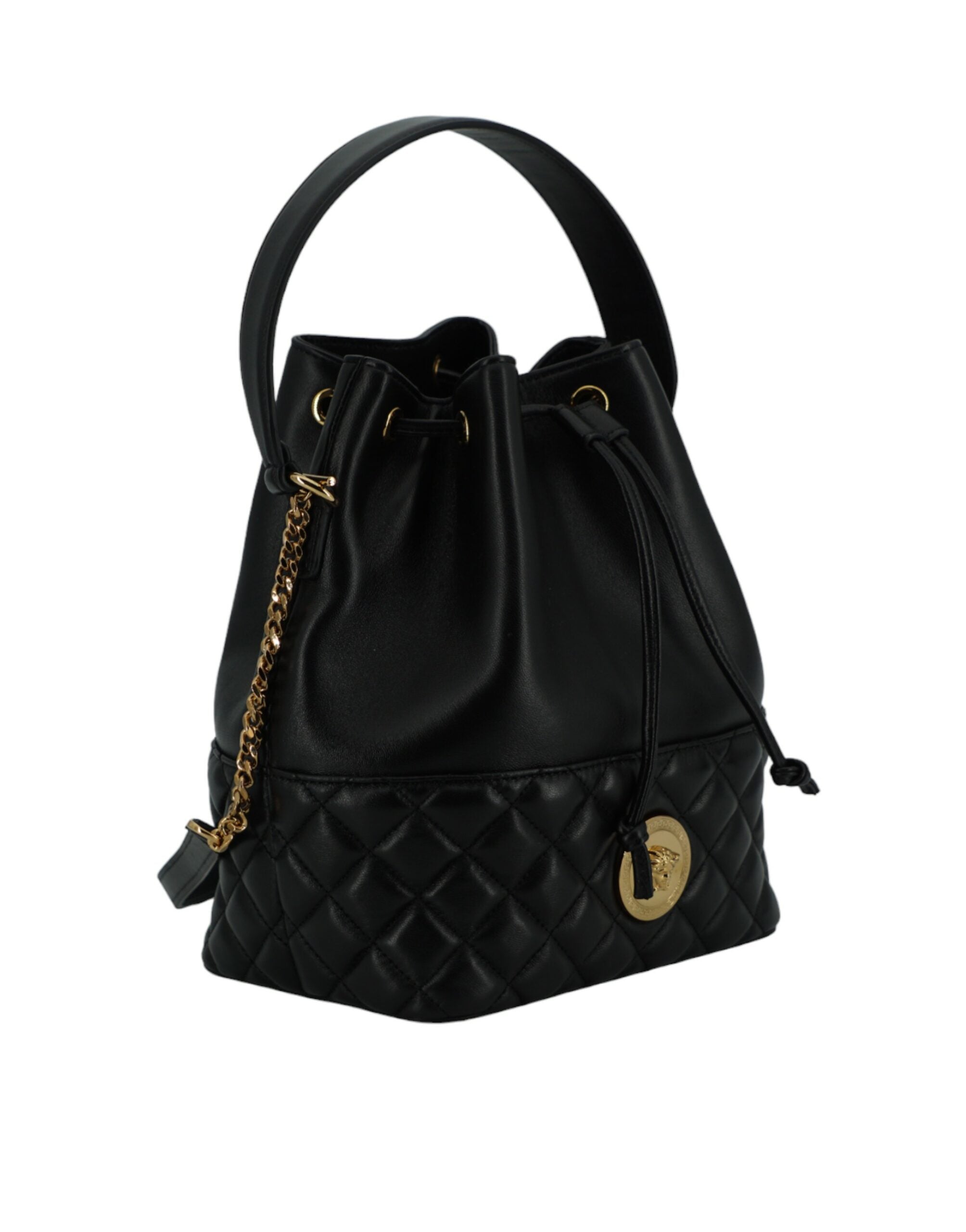 Versace Elegant Black Leather Medusa Bucket Shoulder Bag -  Luxury Shoulder Bag for Women -  Versace. Versace Elegant Black Leather Medusa Bucket Shoulder Bag -  Luxury Shoulder Bag for Women -  Versace.