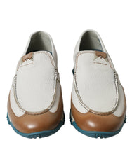 Dolce & Gabbana White Brown Leather Slip On Men Moccasin Shoes -   -  Dolce & Gabbana.