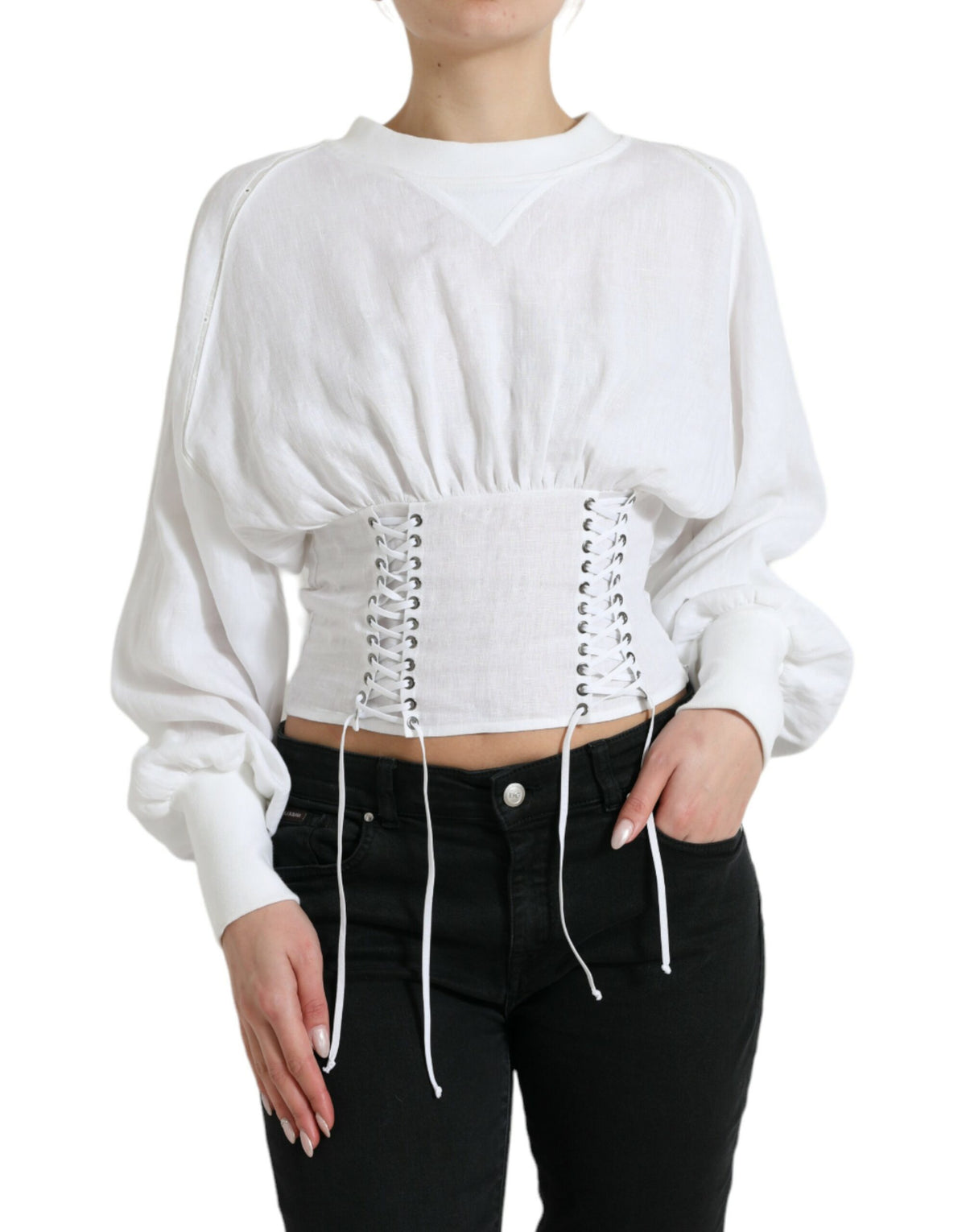 Dolce & Gabbana White Cotton Corset Cropped Long Sleeves Topclothing -   -  Dolce & Gabbana.