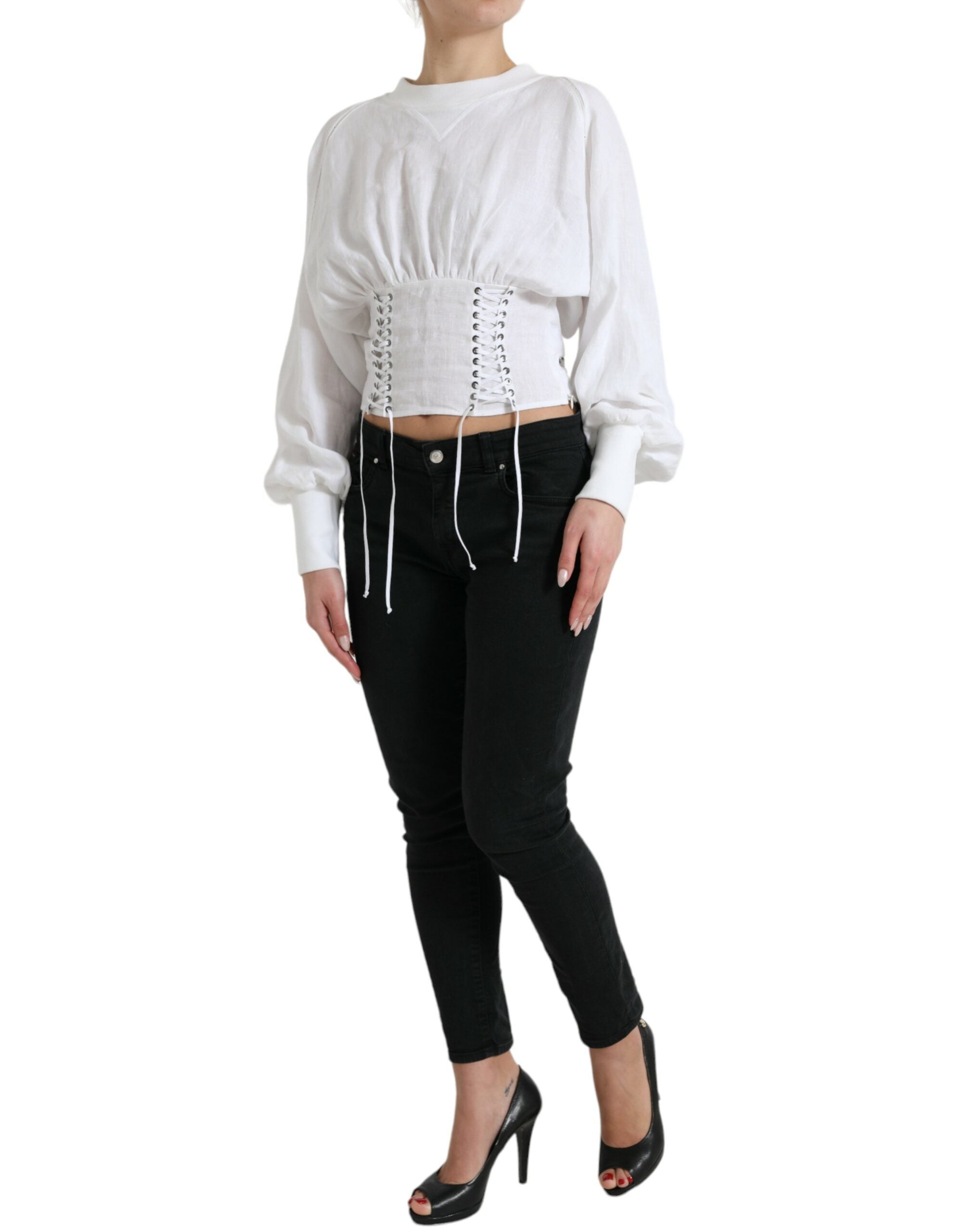 Dolce & Gabbana White Cotton Corset Cropped Long Sleeves Topclothing -   -  Dolce & Gabbana. Dolce & Gabbana White Cotton Corset Cropped Long Sleeves Topclothing -   -  Dolce & Gabbana.