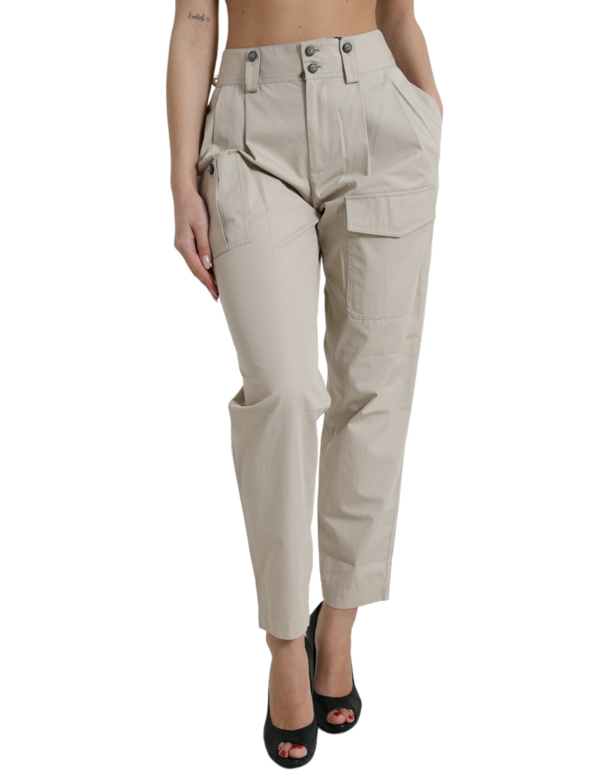Dolce & Gabbana Beige Cotton High Waist Tapered Pants -   -  Dolce & Gabbana.