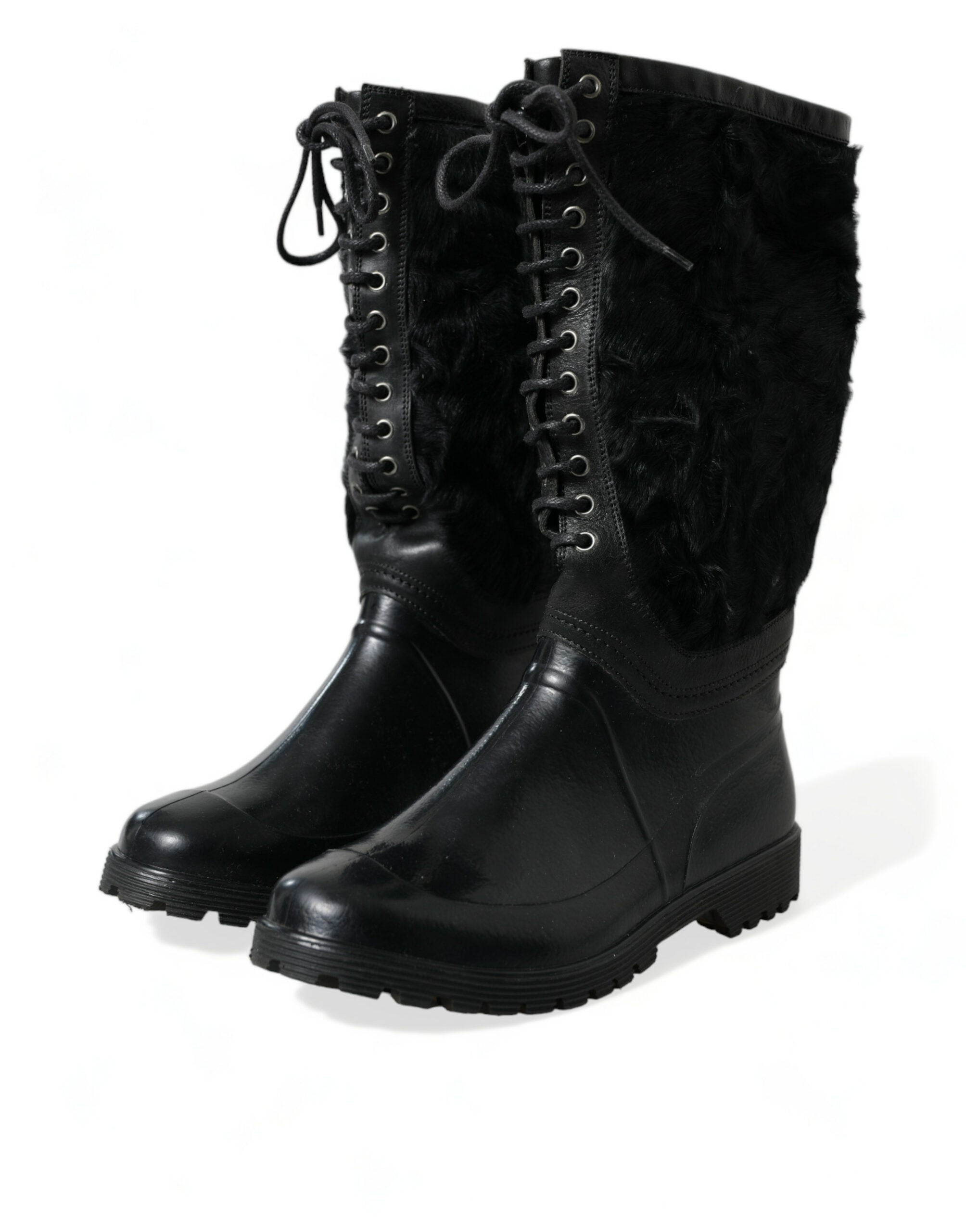 Dolce & Gabbana Black Rubber Lace Up Shearling Rain Boots Shoes -   -  Dolce & Gabbana. Dolce & Gabbana Black Rubber Lace Up Shearling Rain Boots Shoes -   -  Dolce & Gabbana.