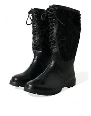 Dolce & Gabbana Black Rubber Lace Up Shearling Rain Boots Shoes -   -  Dolce & Gabbana.