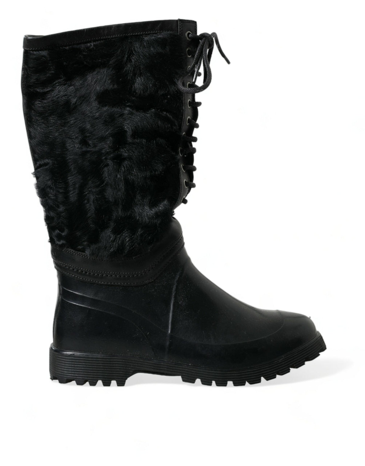 Dolce & Gabbana Black Rubber Lace Up Shearling Rain Boots Shoes -   -  Dolce & Gabbana.