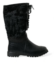 Dolce & Gabbana Black Rubber Lace Up Shearling Rain Boots Shoes -   -  Dolce & Gabbana.