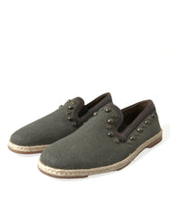 Dolce & Gabbana Gray Linen Leather Studded Loafers Shoes -   -  Dolce & Gabbana.