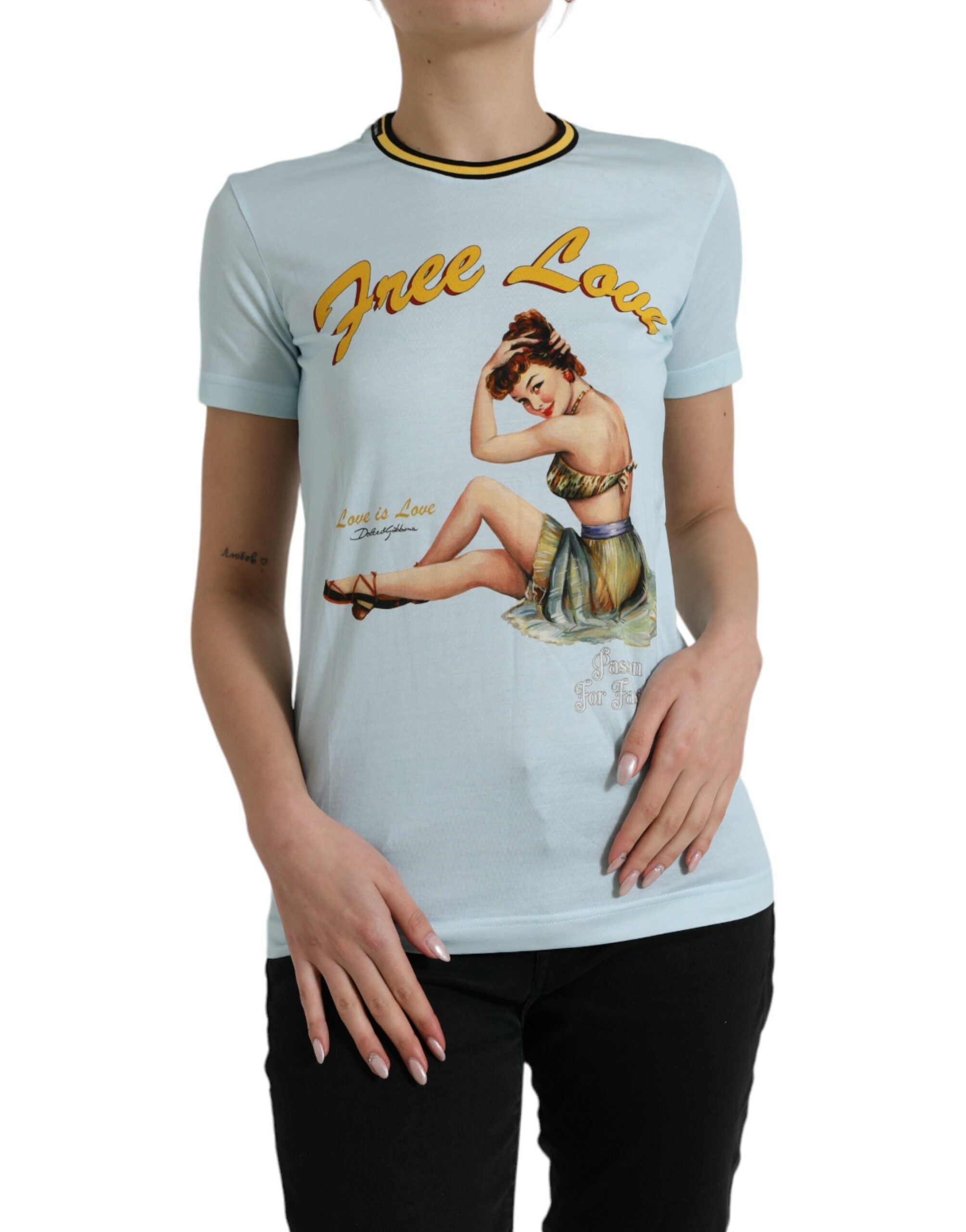 Dolce & Gabbana Light Blue Cotton Free Love Crew Neck T-shirt -   -  Dolce & Gabbana.