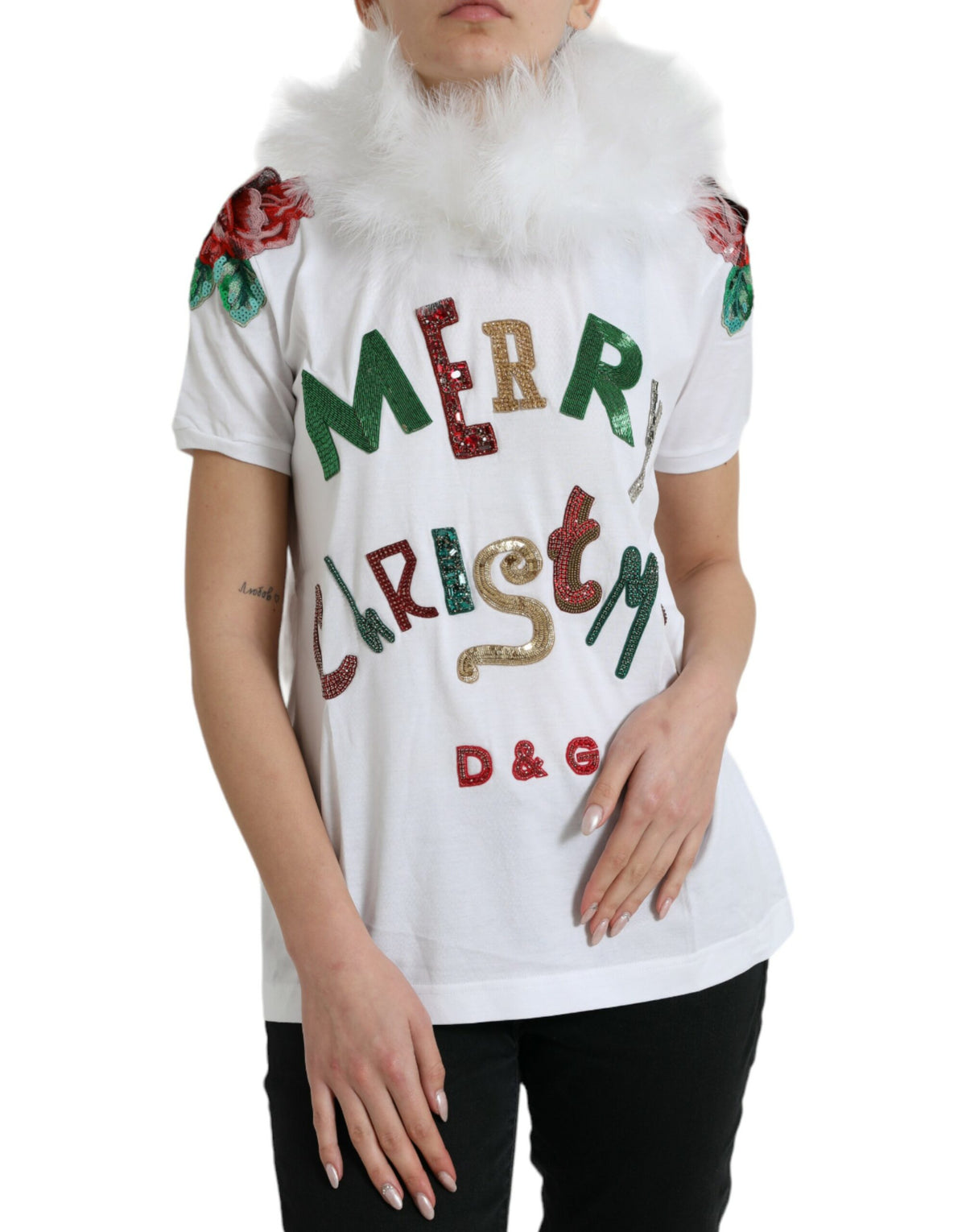 Dolce & Gabbana White Cotton Christmas Sequin Fur T-shirt -   -  Dolce & Gabbana.