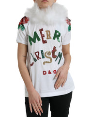 Dolce & Gabbana White Cotton Christmas Sequin Fur T-shirt -   -  Dolce & Gabbana.