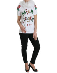 Dolce & Gabbana White Cotton Christmas Sequin Fur T-shirt -   -  Dolce & Gabbana.