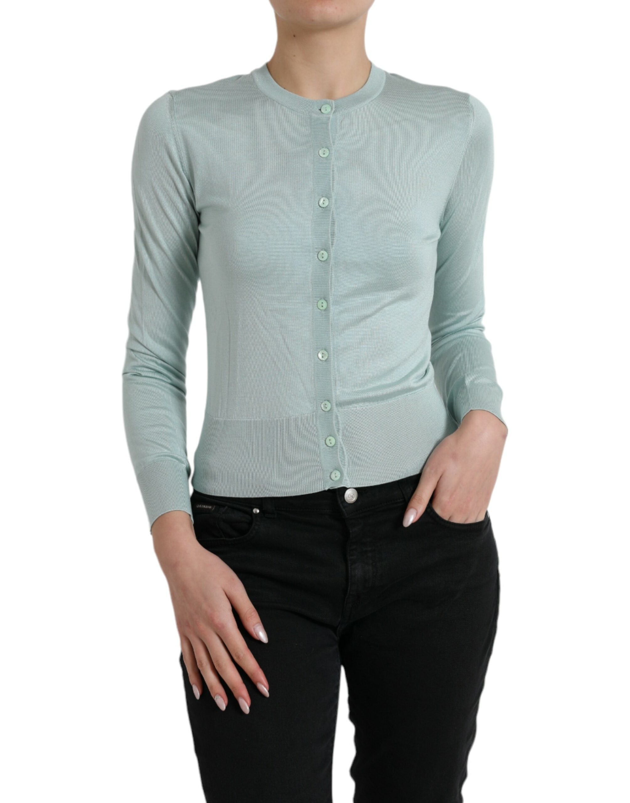 Dolce & Gabbana Light Blue Silk Crew Neck Cardigan Sweater -   -  Dolce & Gabbana.