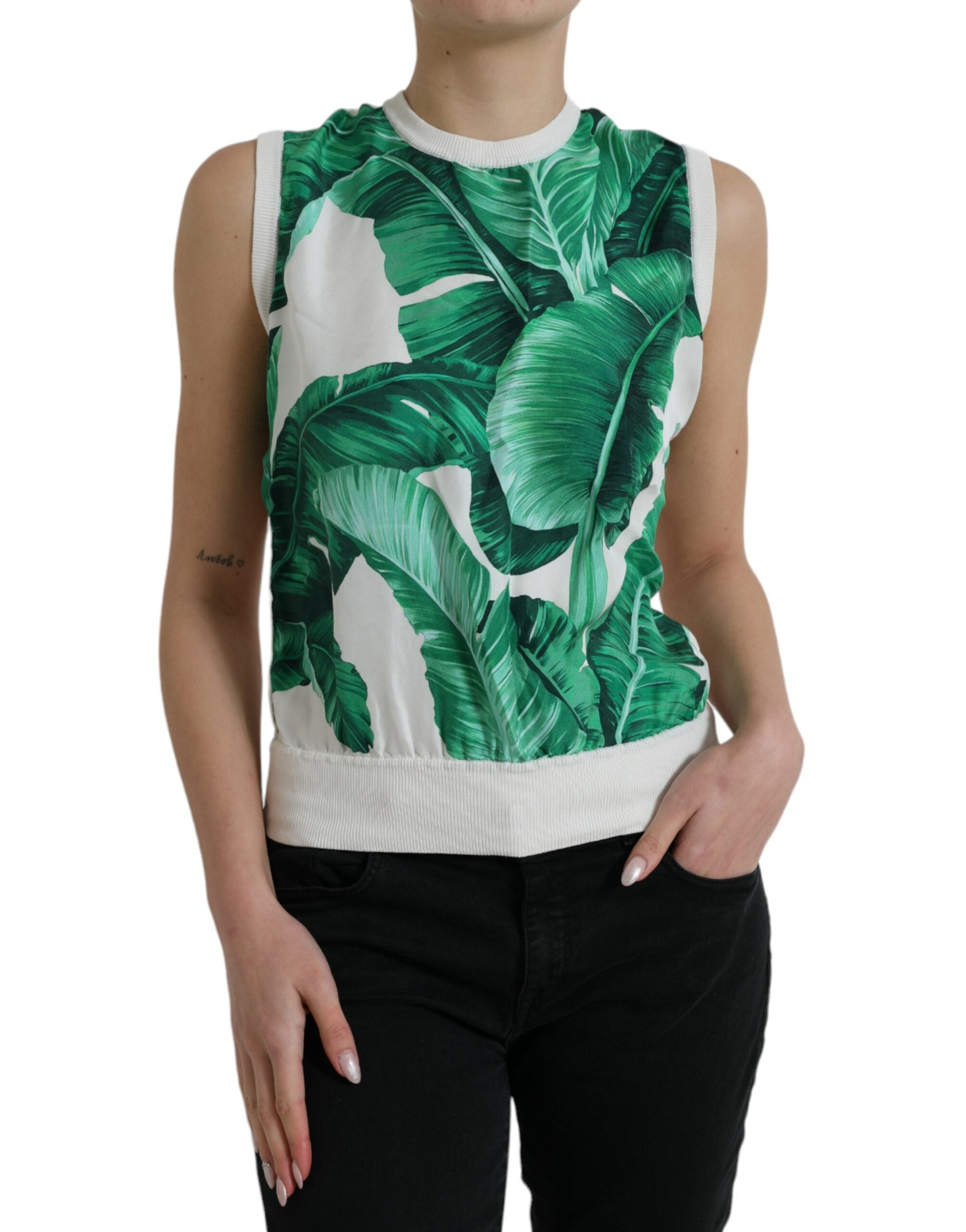 Dolce & Gabbana White Banana Leaf Print Crew Neck Tank Top -   -  Dolce & Gabbana.