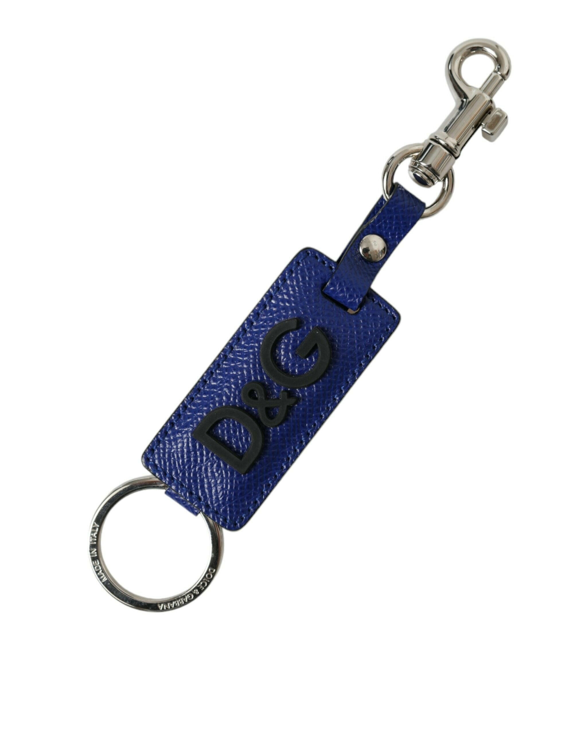 Dolce & Gabbana Blue Calf Leather DG Logo Silver Brass Keyring Keychain -   -  Dolce & Gabbana.