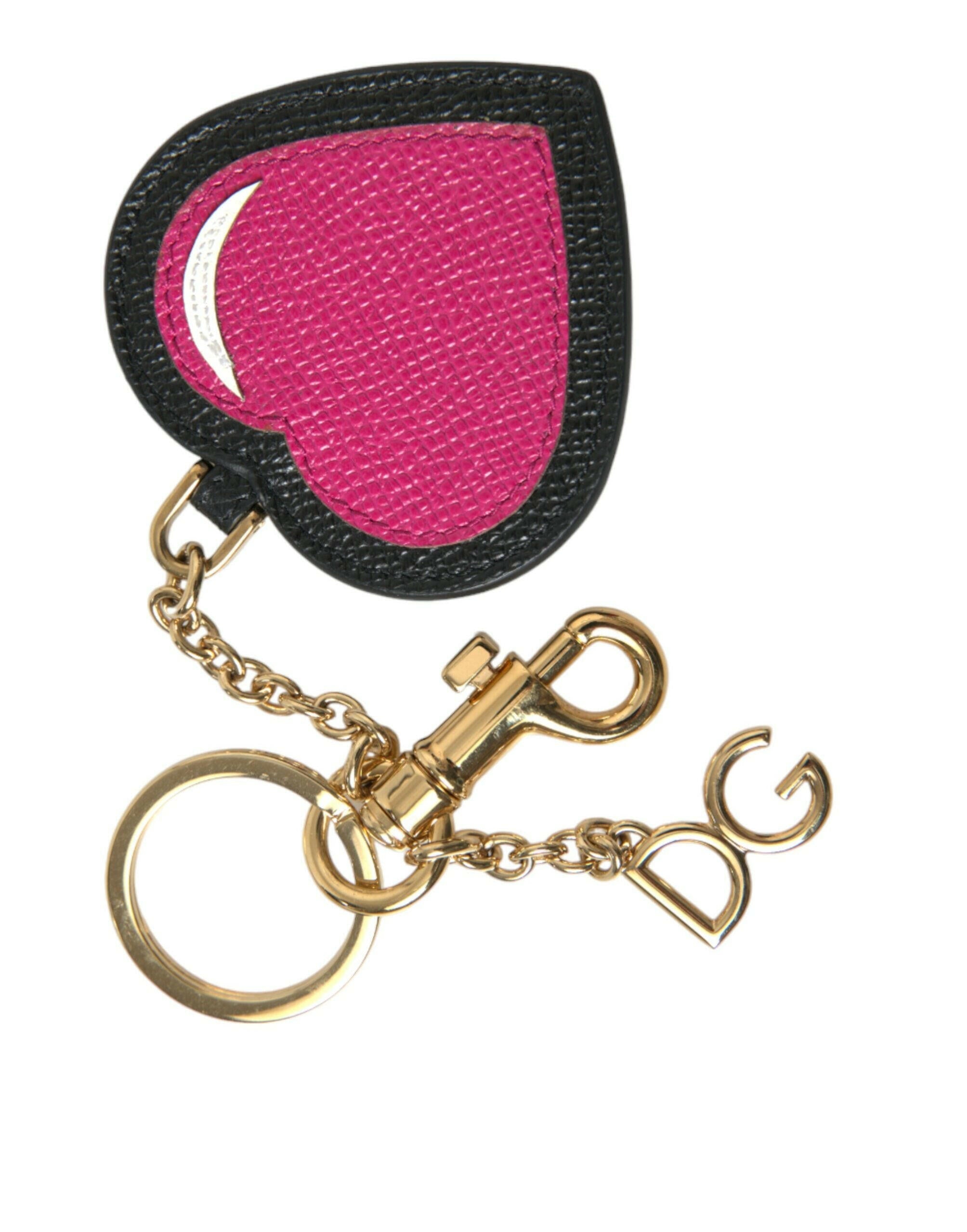 Dolce & Gabbana Pink Black Heart Leather Gold Tone Brass Keyring Keychain - - Dolce & Gabbana.