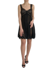 Dolce & Gabbana Black Silk Pleated Lace Chiffon Mini Dress -   -  Dolce & Gabbana.