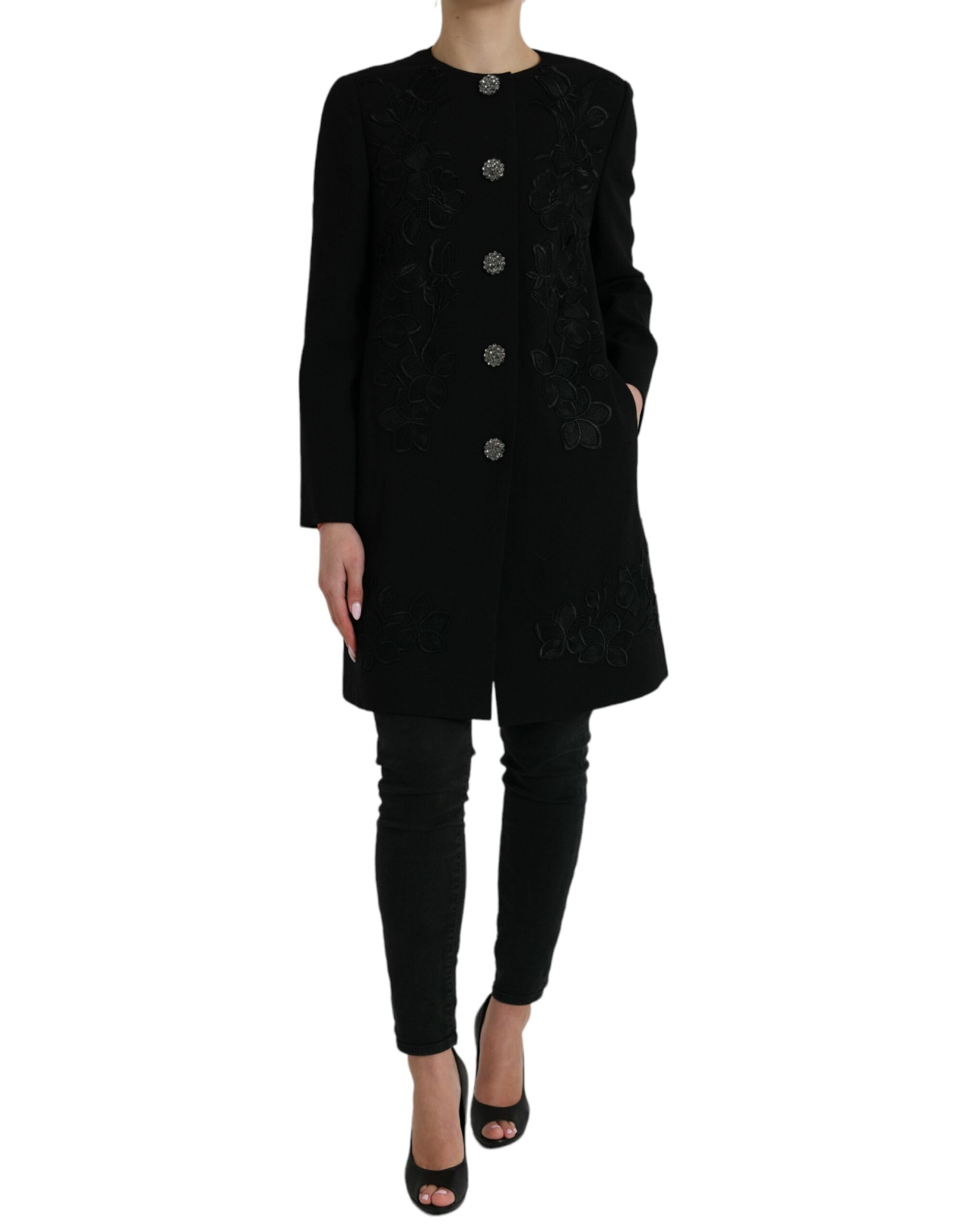 Dolce & Gabbana Black Floral Wool Button Embellished Jacket -   -  Dolce & Gabbana.