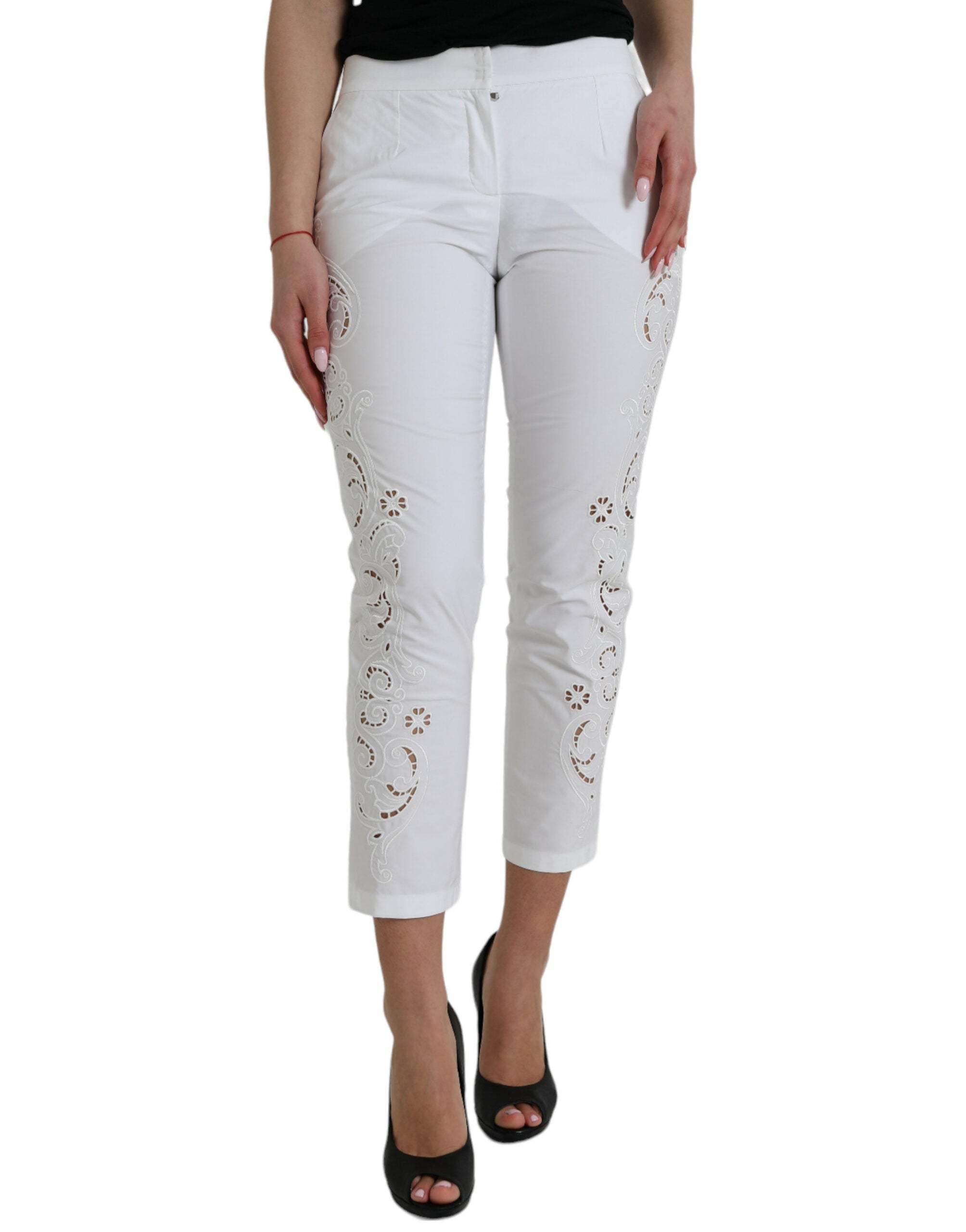 Dolce & Gabbana White Cut Out Cotton Mid Waist Cropped Pants -   -  Dolce & Gabbana.