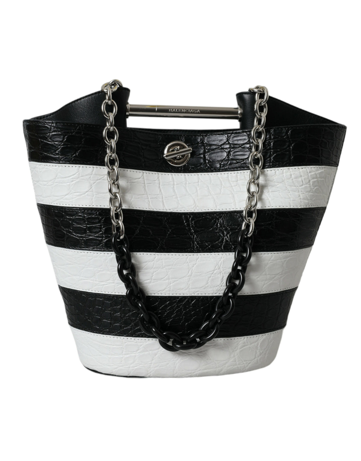 Balenciaga Black White Striped Exotic Skin Leather Maxi Bucket Tote Bag -   -  Balenciaga.