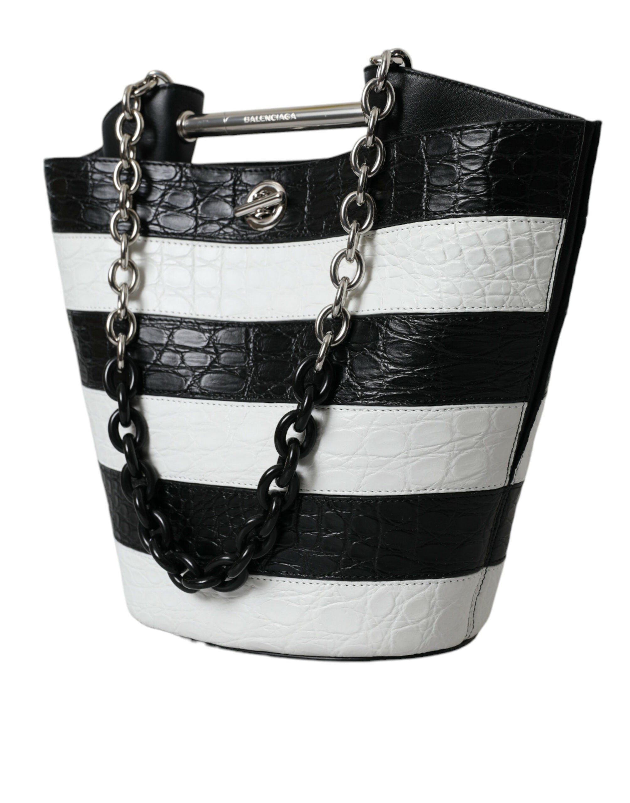 Balenciaga Black White Striped Exotic Skin Leather Maxi Bucket Tote Bag -   -  Balenciaga. Balenciaga Black White Striped Exotic Skin Leather Maxi Bucket Tote Bag -   -  Balenciaga.