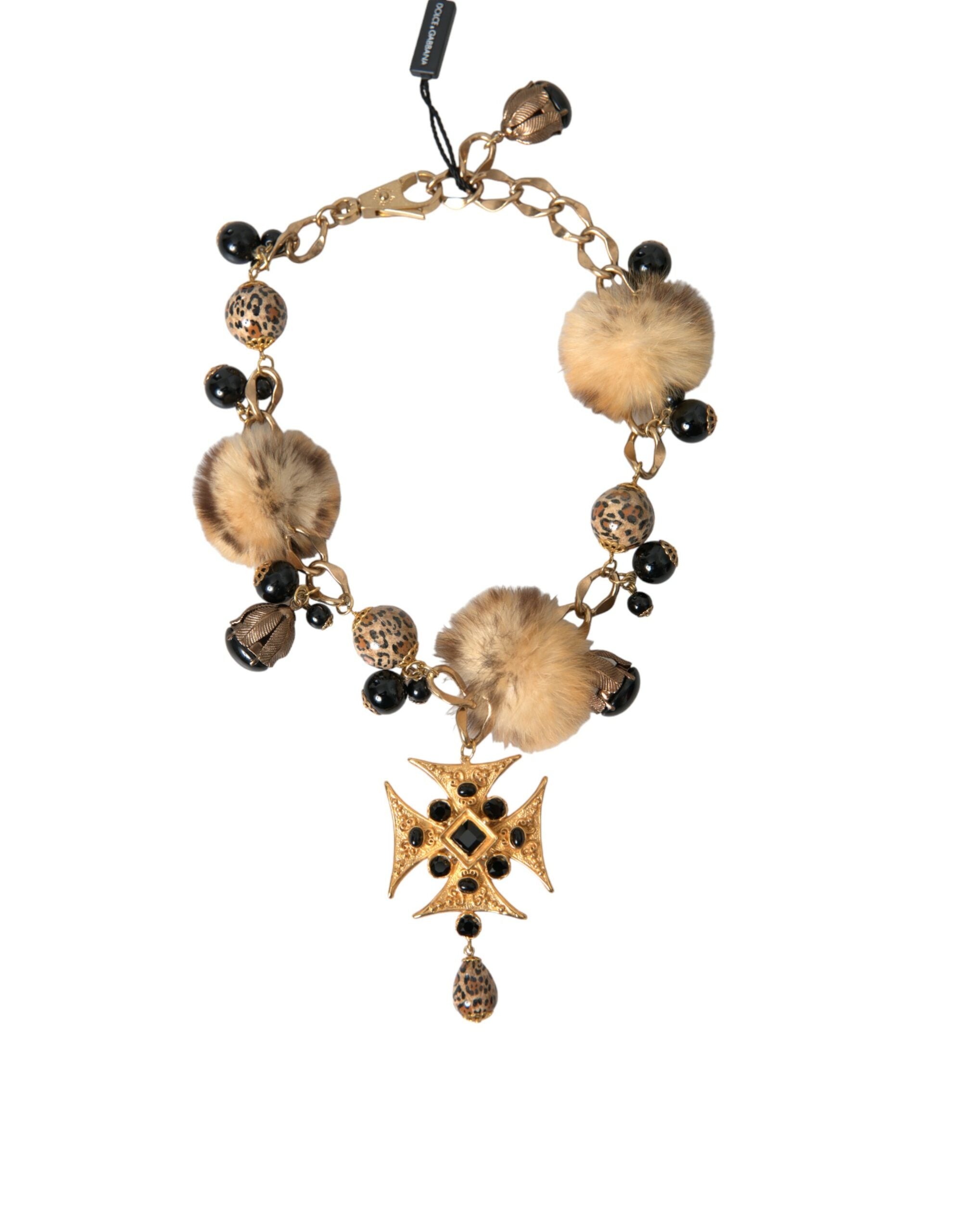 Dolce & Gabbana Gold Black Crystals Lapin Fur Filigree Chocker Necklace -   -  Dolce & Gabbana.